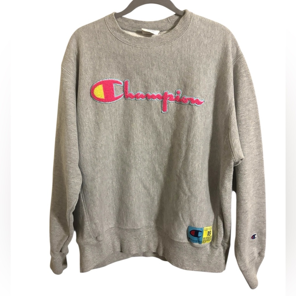 Champion Reverse Weave Gray Pink Pullover Sweatshirt Large
